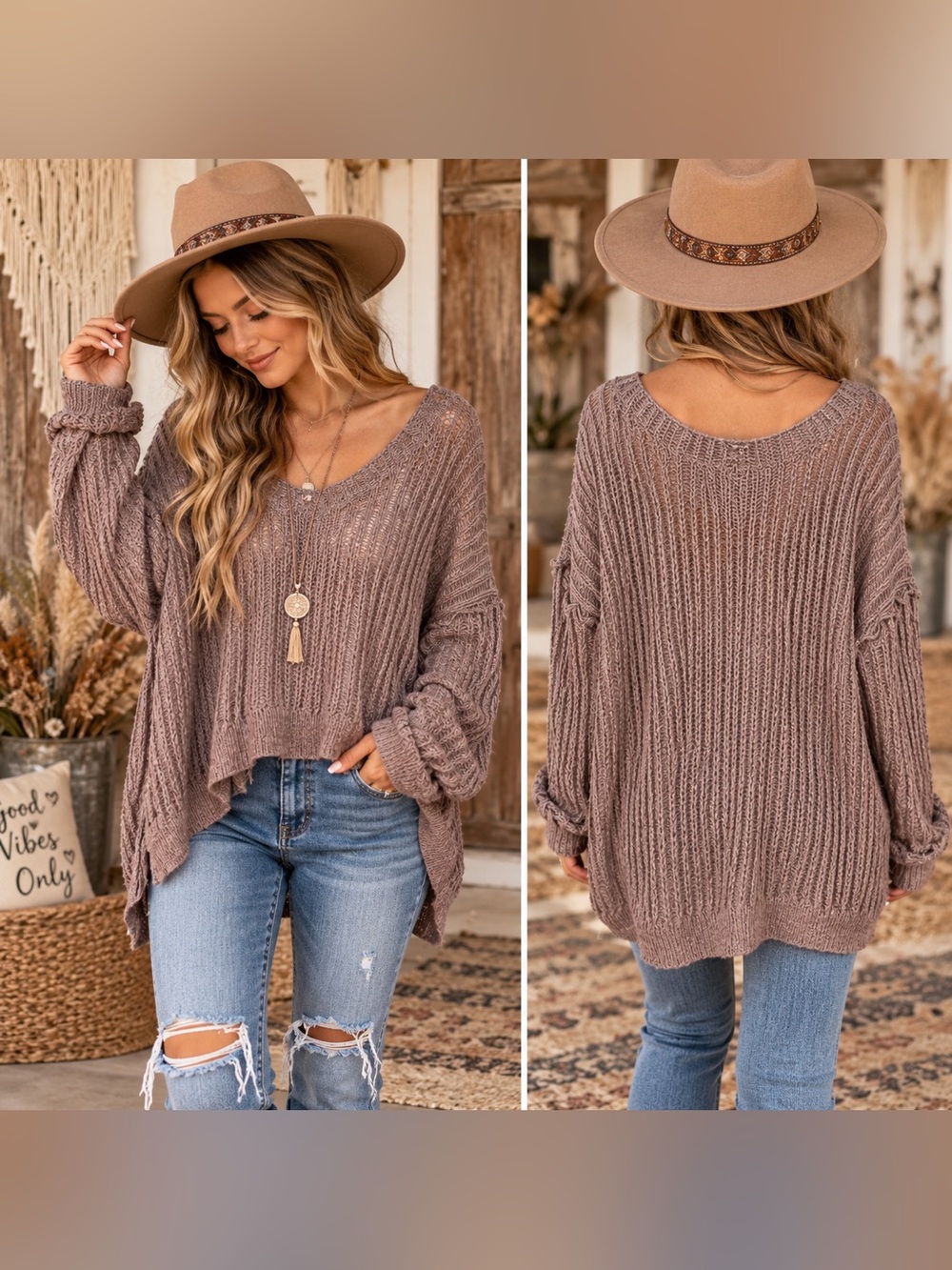 POL Taupe Oversized V-Neck Ribbed Sweater